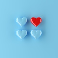 Minimal concept. Outstanding red color heart shape with blue color heart shape on blue background. 3d render