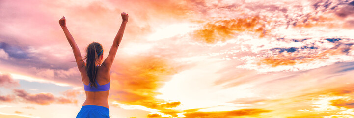 Happy people with arms up in success - Happiness woman active lifestyle banner panorama background . Girl from back in sportswear.