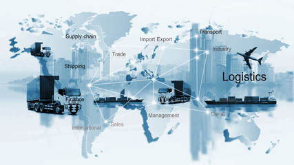 Fototapeta na wymiar Transportation, import-export and logistics concept, container truck, ship in port and freight cargo plane in transport and import-export commercial logistic, shipping business industry