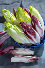 Group of fresh green Belgian endive or chicory and red Radicchio vegetables, also known as witlof...