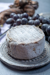 Whole round mature French Tomme cheese close up