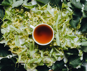 White cup of linden tea on linden blossom background. Herbal medicine concept. Top view.