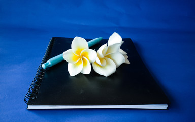 Pencil and flowers on a notebook on a blue background