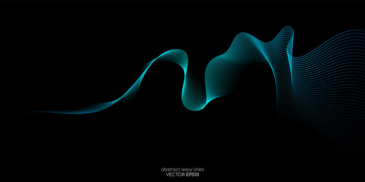 Abstract vector wave lines green and blue colors isolated on black background for design elements in concept technology, modern, science, AI