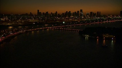 Aerial sunset view MacArthur vehicle Causeway bridge Miami 