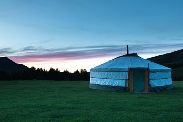 Nomad yurt at sunrise in Central Mongolia