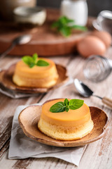 homemade caramel custard pudding with mint