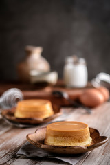 homemade caramel custard pudding with mint