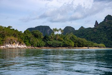 Tropical seaside with blue sea water and cliff. Spectacular cliff and tropical forest. Palm beach view.