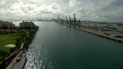 Aerial view Fisher Island Port of Miami docks 