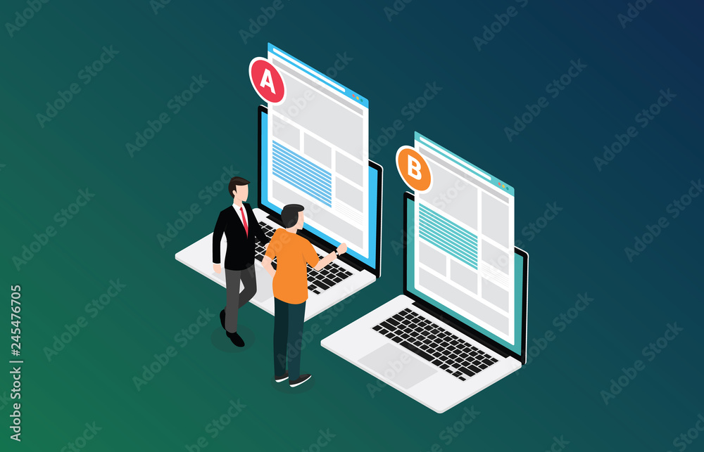 Poster isometric 3d design ab a b split testing concept with two business men compare test result between 2
