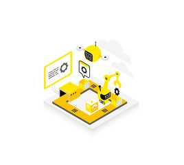 Software development. Technological conveyor icon. Programming testing robots and drones. Isometric infographic. Yellow black and gray colors.