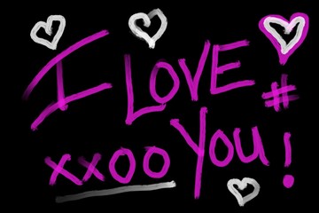 Retro Hippie Hand drawn scribble chalk board LOVE HEARTS I love you, typography script design