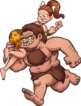 Cartoon caveman kidnapping cavewoman. Vector clip art illustration with simple gradients. All in a single layer. 