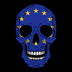 Human skull with European Union flag isolated on black background. Vector skull. Cartoon skull. Skull logo.