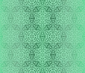 Green Color Seamless Lace Pattern With Abstract Geometric Flower. Stylish Fashion Design Background For Invitation Card. Vector Illustration.