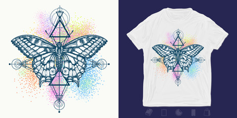 Butterfly and color splashes. Print for t-shirts and another, trendy apparel design. Beautiful Swallowtail. Mystical symbol of freedom, nature, tourism