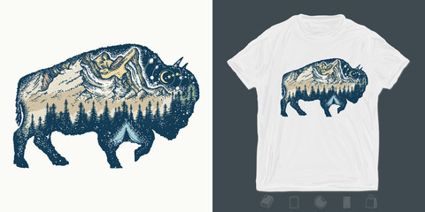 Buffalo bull. Print for t-shirts and another, trendy apparel design. Magic tribal bison double exposure animals. Travel symbol, adventure touri © intueri