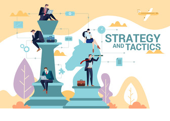 Business people team play to chess. Strategy and Tactics word. Concept Flat illustration. 	