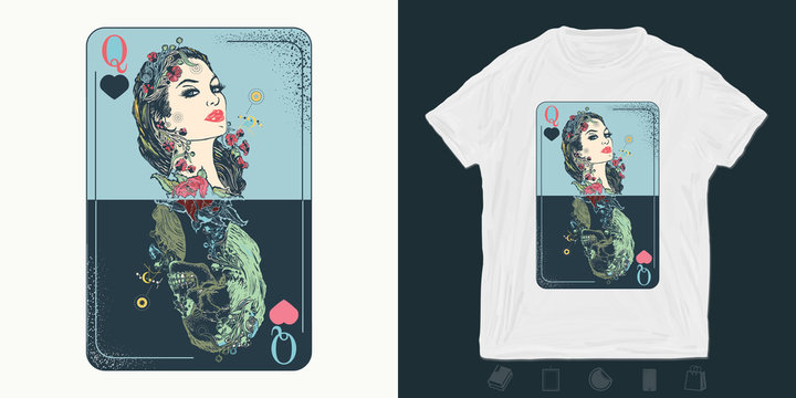 Queen playing card. Print for t-shirts and another, trendy apparel design. Gothic symbol of gamblings, tarot cards, success and defeat, casino, poker