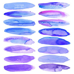 Set of purple watercolor on white background, Brush stroke watercolor, Vector illustration.