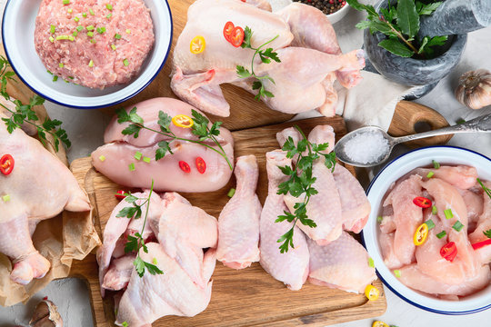 Different types of fresh chicken meat.
