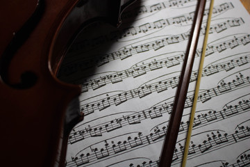 sheet music and the bow of the violin