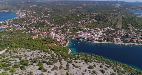 Mediterranean town, C4k aerial, tracking, pan, drone shot, of the Razanj village,  the croatian...
