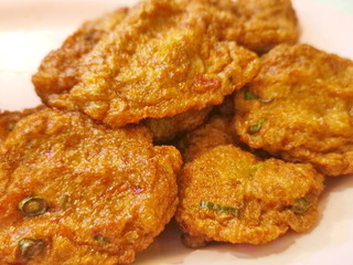 Street food fresh hot cool delicious fried fish-paste balls.