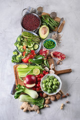 Fototapeta na wymiar Vegetables, fruit, cereals, beans, superfoods for vegan, vegetarian, clean eating diet