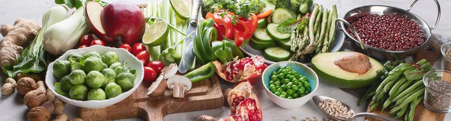 Vegetables, fruit, cereals, beans,  superfoods for vegan, vegetarian, clean eating diet