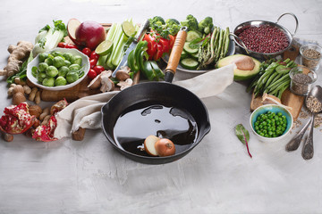 Vegetables, fruit, cereals, beans,  superfoods for vegan, vegetarian, clean eating diet