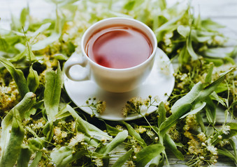 White cup and dish linden tea or blooming tilia, basswood, on rustic vintage white wooden table. Herbal tea concept, selective focus.