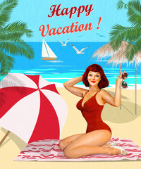 Vintage vacation background with pin-up girl on the beach. 