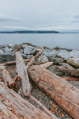 Fototapeta na wymiar Wood and rocks by water with view of Elliot Bay in Myrtle Edwards Park near downtown of Seattle, USA