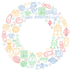 Vector set of space elements icons in doodle style. Painted, colorful, pictures on a piece of paper on white background.