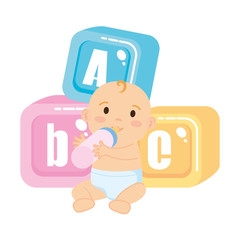 little baby with alphabet blocks toys icons