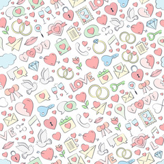 Fototapeta na wymiar Hand drawn seamless love pattern vector illustration. Vector repeating texture for Valentine's Day - love symbols collection background filling with pastel colors. 