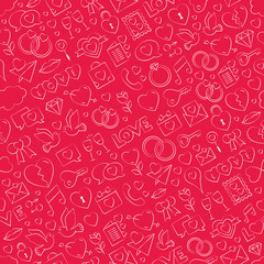 Seamless love pattern vector illustration - freehand drawing on lovely red background. Repeatable love vector background - white love symbols collection on red background. Valentines day, Mothers day
