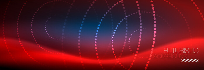 Glowing neon circle line dots, round line design, abstract style on black background. Neon abstract round circles Magic neon lights and glowing dots