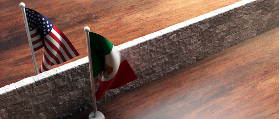 Border wall between US of America and Mexico flags. 3d illustration
