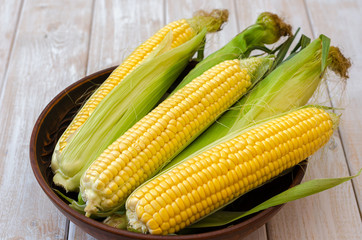 Ripe corn in a clay bowl. 