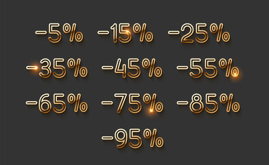 Discounts gold numbers. Elements design sale golden sign. Percentage 5%, 15, 25, 35, 45, 55, 65, 75, 85, 95