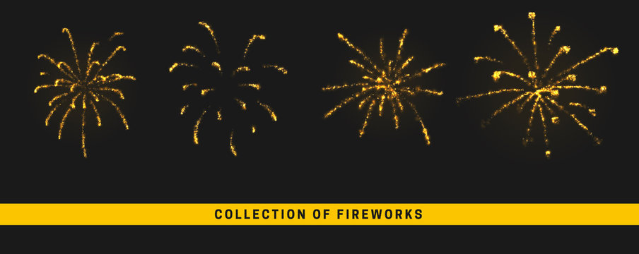 Golden Light Effect. Set Festive Gold Fireworks Isolated On Black Background.