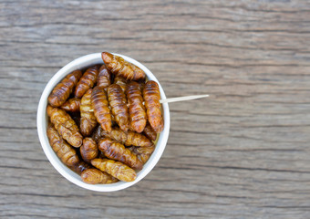 Worm insects or Chrysalis Silkworm in white paper cup on wood table. The concept of protein food sources from insects. It is a good source of protein, vitamin, and fiber.