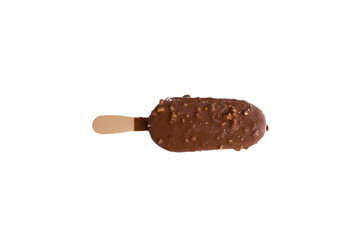 Chocolate popsicle Ice cream isolated on white background with selective focus and crop fragment