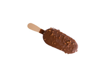 Chocolate popsicle Ice cream isolated on white background with selective focus and crop fragment