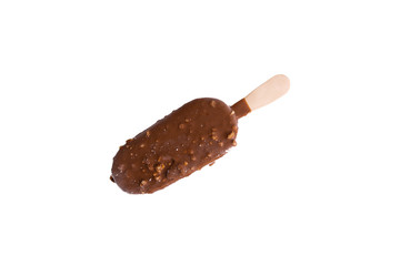 Chocolate popsicle Ice cream isolated on white background with selective focus and crop fragment