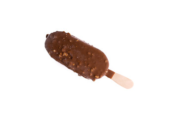 Chocolate popsicle Ice cream isolated on white background with selective focus and crop fragment