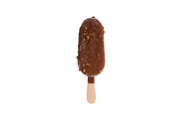 Chocolate popsicle Ice cream isolated on white background with selective focus and crop fragment